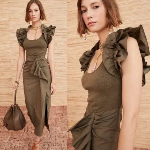Ulla Johnson Dresses & Skirts - Ulla Johnson Isabella Ruffle Dress XL Military Melange Draped Midi Green